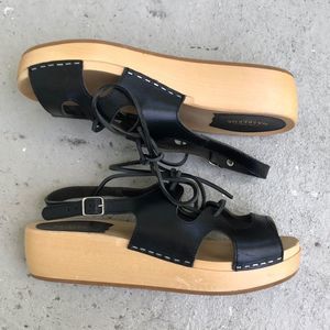 Swedish Hasbeens Black Leather Lace-Up Clogs Sandals